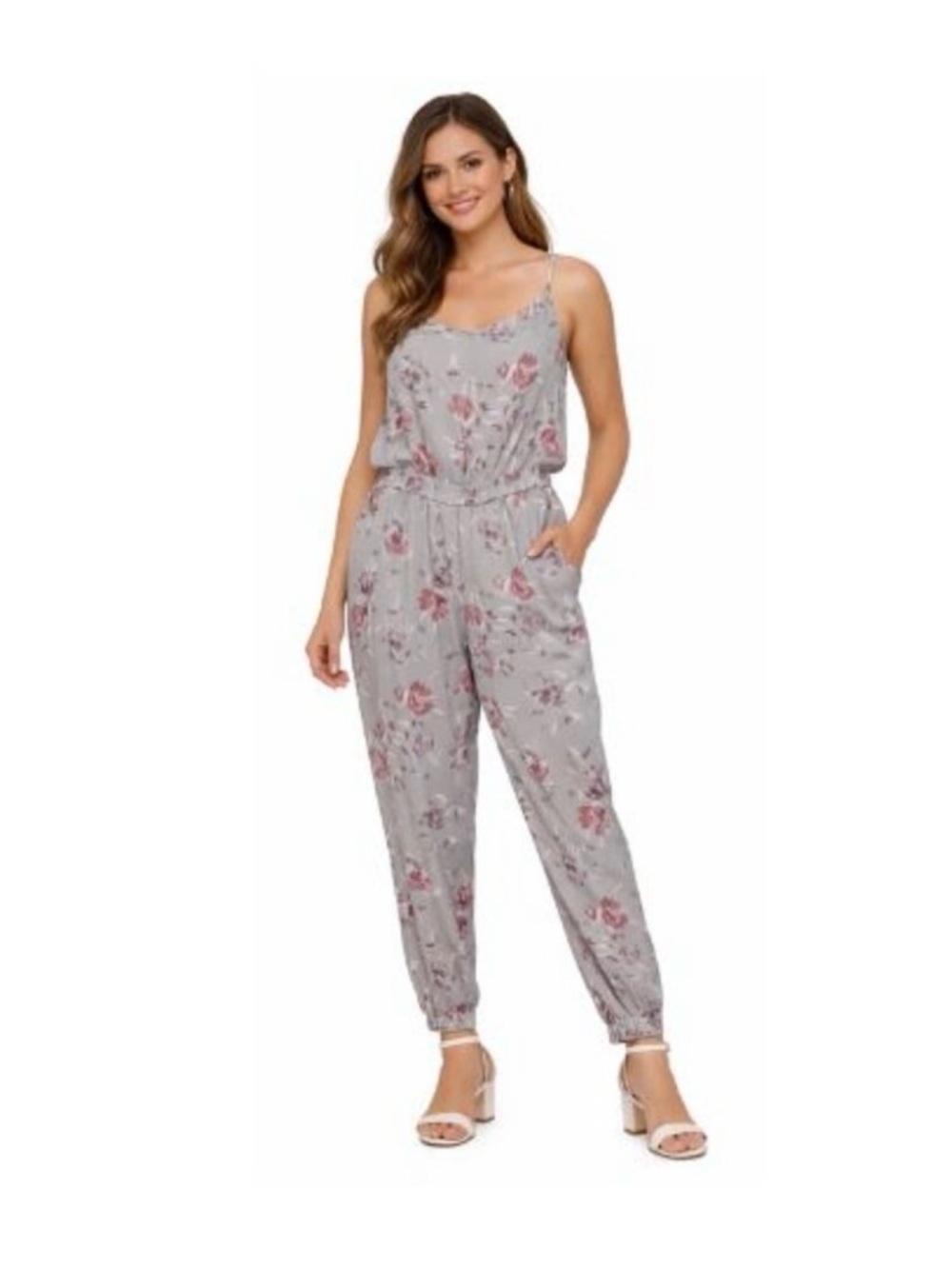 ARITZIA TALULA Taupe Jumpsuit with Mauve Floral Print (M)